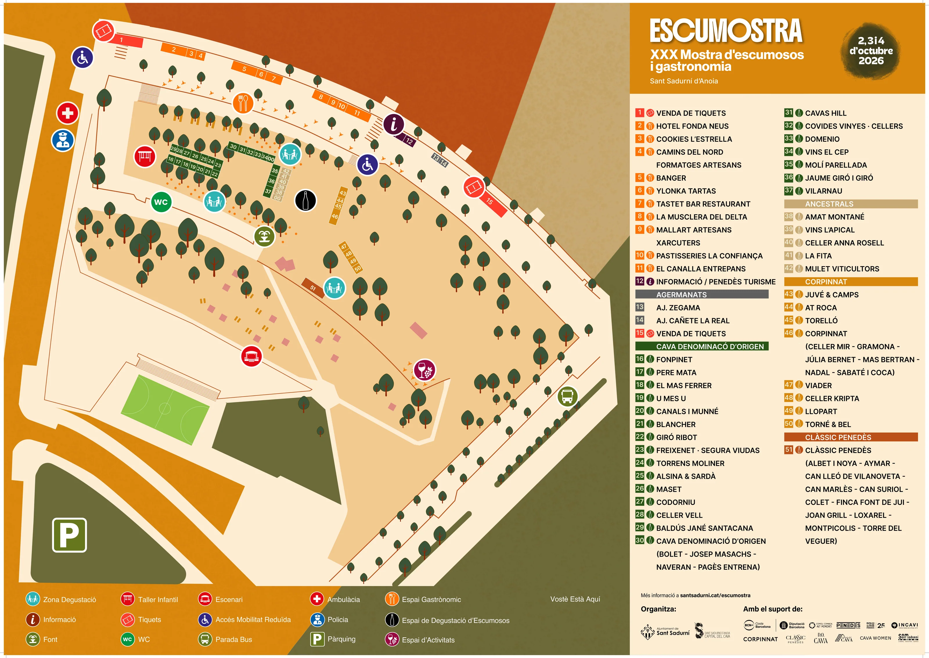 Plano oficial de Escumostra 2026 con los puestos numerados, los servicios y la lista de expositores