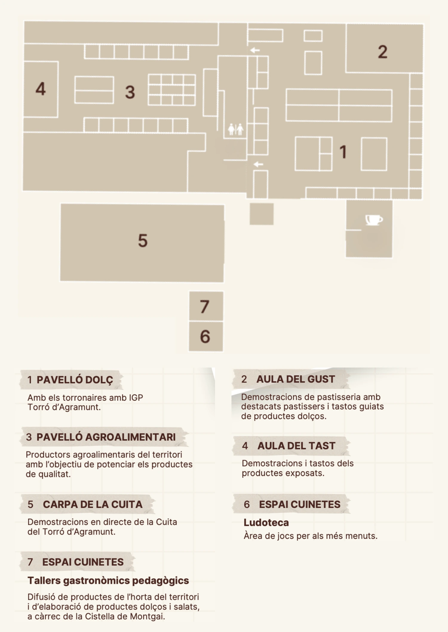 Plano general del recinto de la Fira del Torró d’Agramunt 2026 con la leyenda oficial de siete espacios: Pavelló Dolç, Aula del Gust, Pavelló Agroalimentari, Aula del Tast, Carpa de la Cuita y dos espacios Cuinetes; sin identificación de puestos individuales