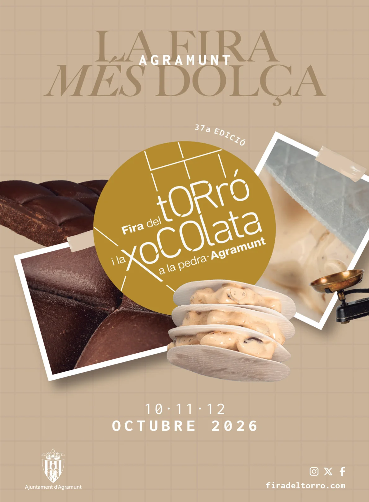 Cartell oficial 37a Fira del Torró i la Xocolata a la Pedra d’Agramunt 2026: imatge de torrons i xocolata a la pedra amb el lema «La Fira més dolça» i dates 10, 11 i 12 d’octubre