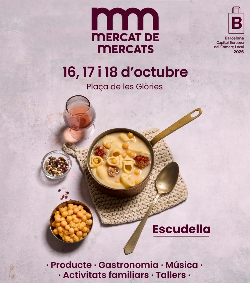 Cartel de Mercat de Mercats 2026 en la plaza de las Glòries, del 16 al 18 de octubre