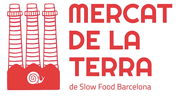 Logotipo e imagotipo oficial del Mercat de la Terra de Slow Food Barcelona, con las tres chimeneas y el caracol