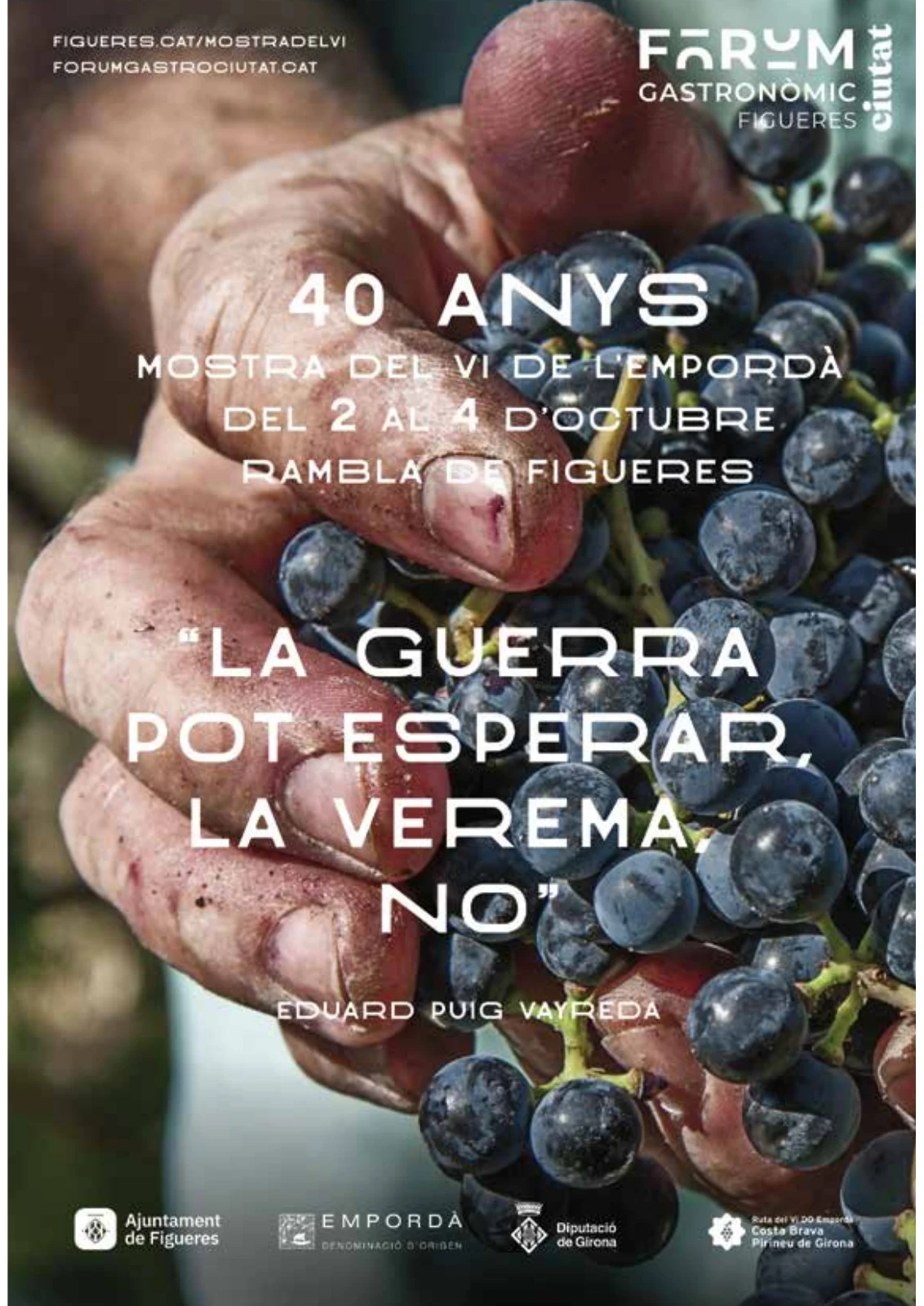 Portada oficial de la 40a Mostra del Vi de l’Empordà: una mà amb raïm i les dates 2 a 4 d’octubre a la Rambla de Figueres