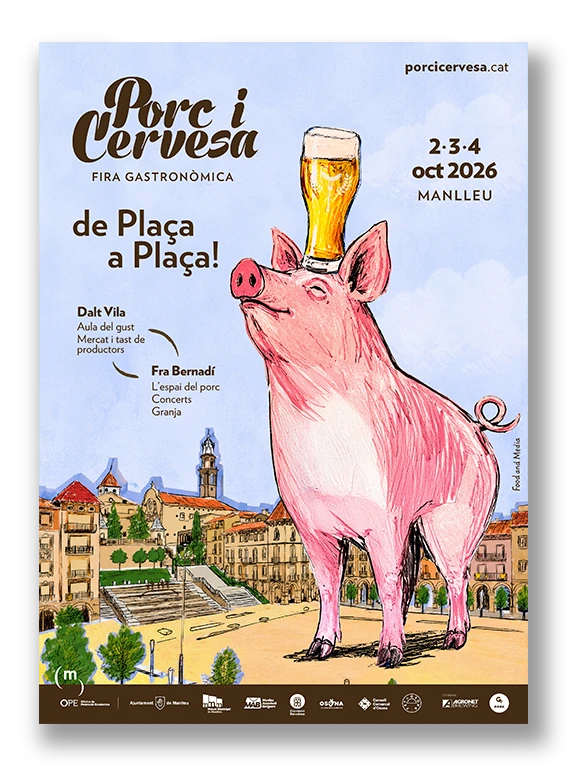 Cartel oficial Porc i Cervesa 2026: un cerdo ilustrado con una copa de cerveza y las fechas 2, 3 y 4 de octubre en Manlleu
