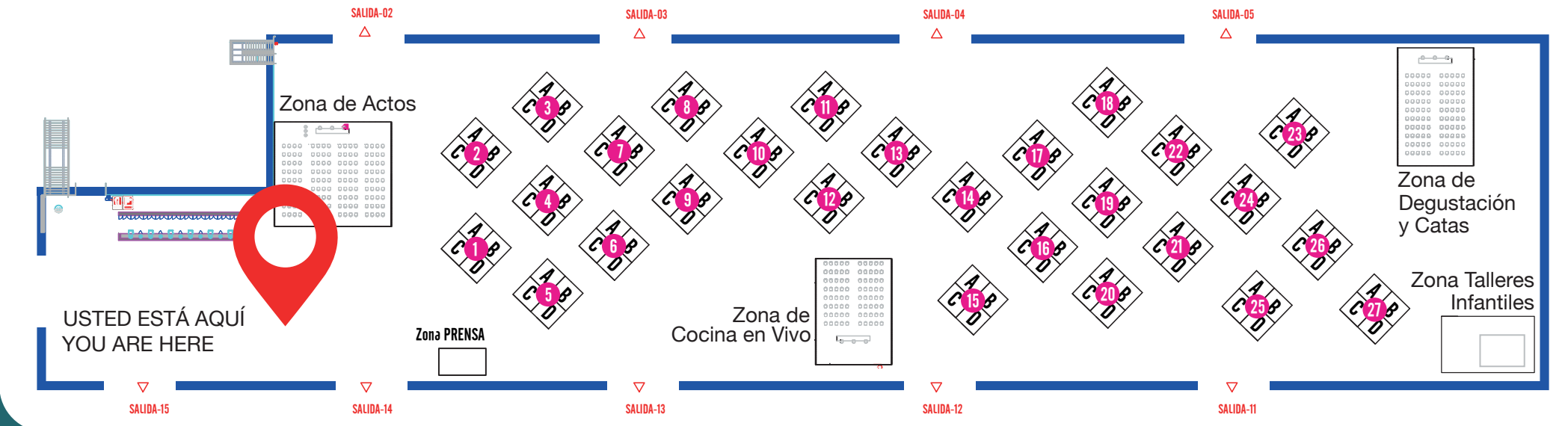 Plano del recinto de la Feria de los Productos de León 2026 con los módulos 1 a 27 y los puestos A, B, C y D