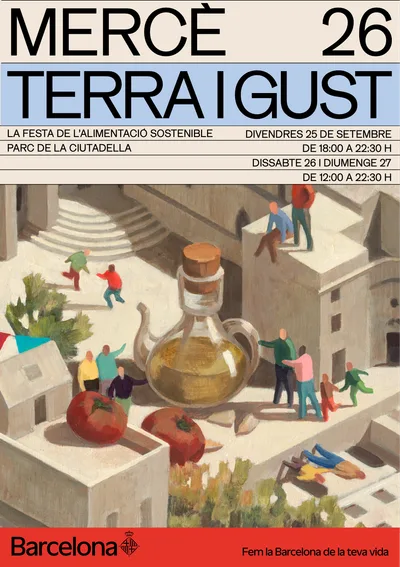 Cartell oficial de Terra i Gust, Mercè 2026, amb una il·lustració d’un setrill i tomàquets entre edificis