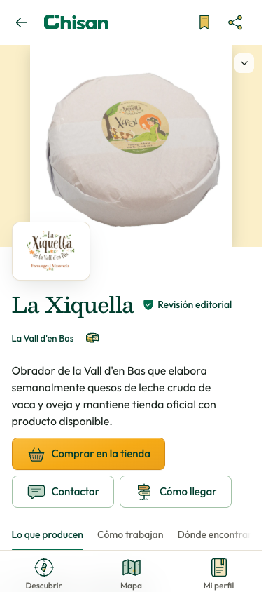Captura de la ficha pública de La Xiquella, con su ubicación, productos y enlaces de contacto