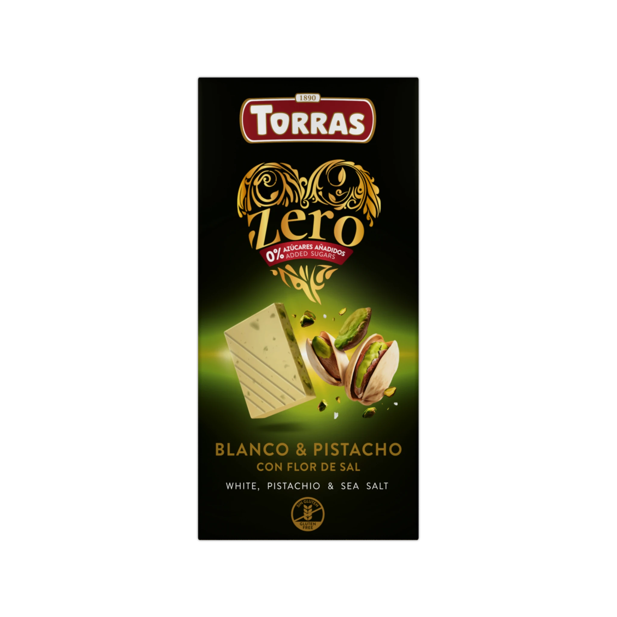 Envoltorio de la tableta de chocolate blanco con pistacho y flor de sal de Torras