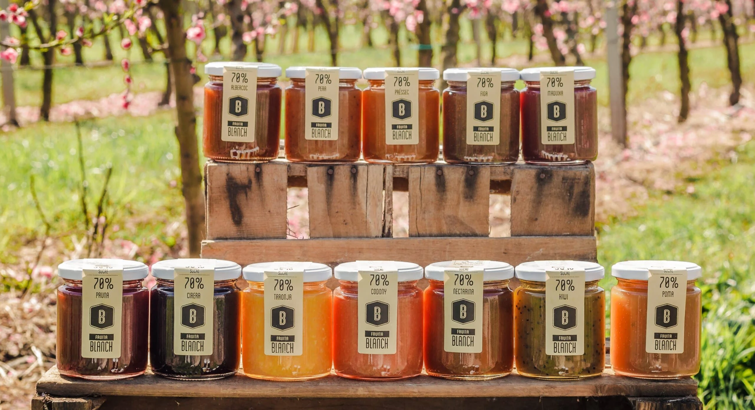 Assortiment de melmelades Fruita Blanch, amb préssec i maduixa